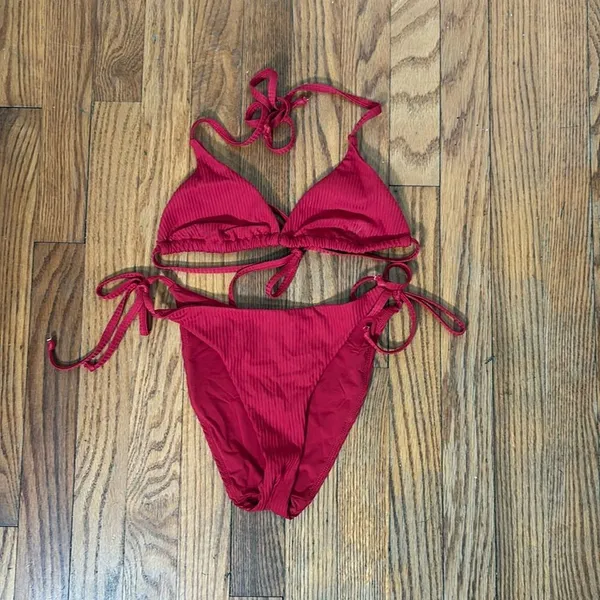 Andie String Bikini‎ Set Ribbed Flame Red size S NWOT - Image 3
