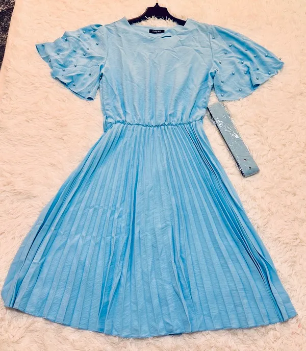 Chic Me Light Blue Pleated Belted Women's Dress S New Without Tag - Image 3