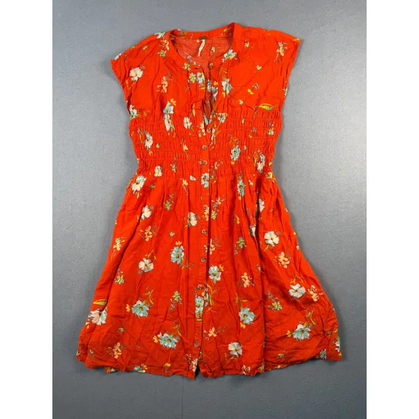 Free People Orange Floral Smocked Waist Button Front Mini Dress Cap Sleeve S - Image 2
