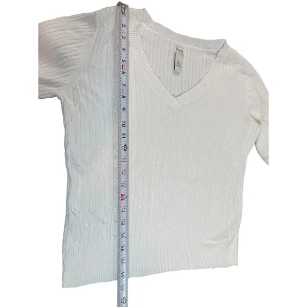 Bass Womens White Cable Knit V Neck Sweater Size L 100% Cotton Classic Preppy - Image 6