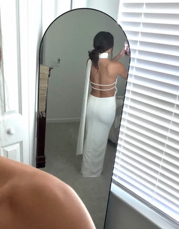 White Backless Halter Maxi Evening Gown with Pearl Back Straps from Khanum’s - Image 5