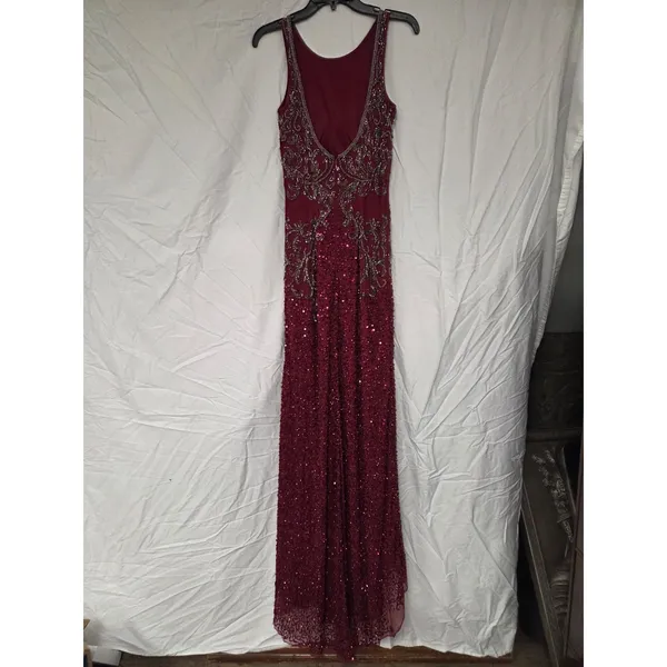 Zasa Chic by Karishma Creations Long Dark Red Hand Beaded Slit Pageant Dress 4 - Image 6