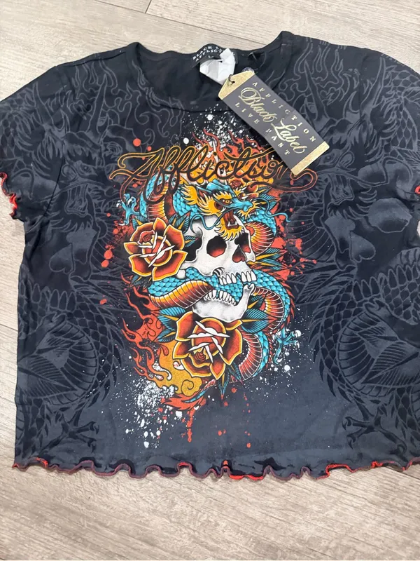 Affliction Black Cropped Graphic Tee with Multicolor Skull & Snake - Image 8