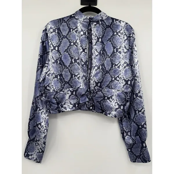 Topshop Python Snake Print Satin Crop Top Navy Mock Neck Long Sleeve Chic Blouse - Image 4