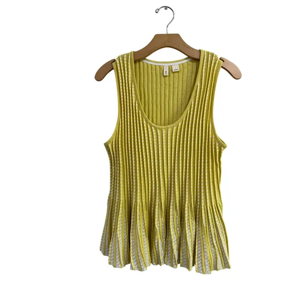 Anthropologie Moth Yellow White Ribbed Pointelle Peplum Knit Tank Top Medium - Image 2