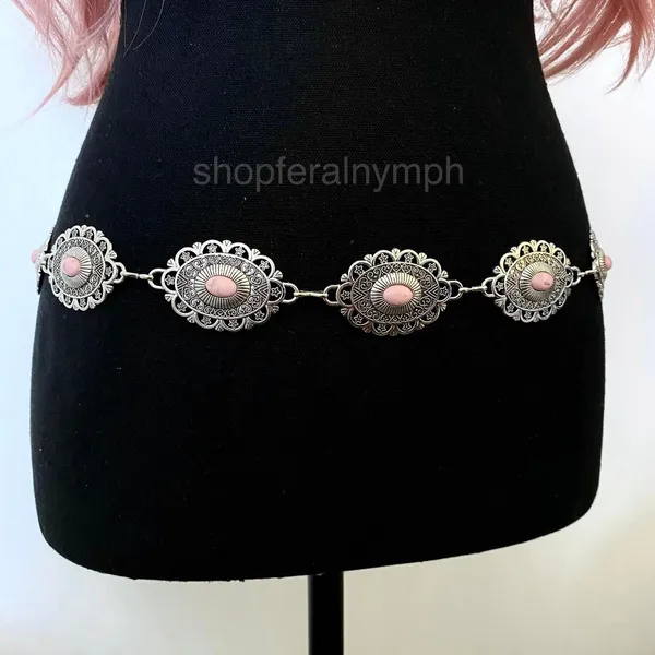 Silver Y2K Smudged Pink Stone Western Chain Belt, Fits 28-38 Inches, X7GA1379 - Image 4