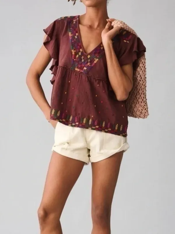 Anthropologie Brown Embroidered Bohemian V-Neck Ruffle Short Sleeve Top - Image 5