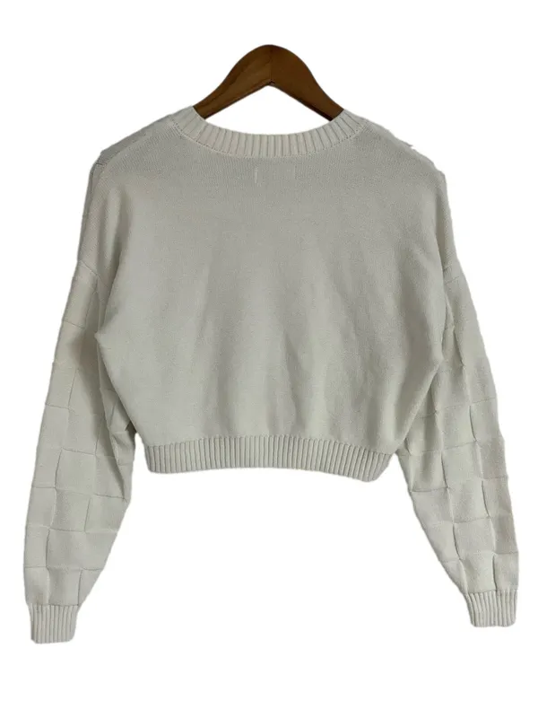 Hollister White Crew Neck Basketweave Cropped Sweater Size Small - Image 2