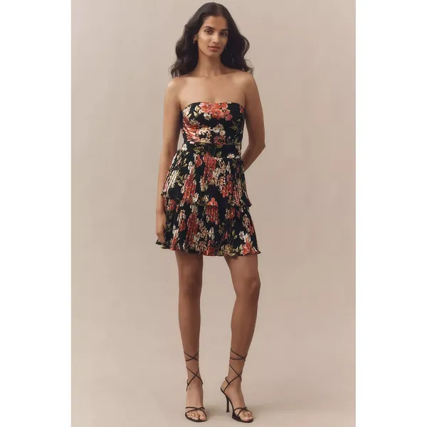 NWT!! DRESS THE POPULATION Libby Floral‎ Tiered Mini Dress Strapless Black Large - Image 4