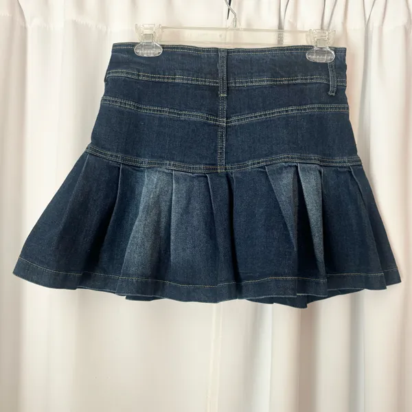 SheIn Dark Blue Pleated Denim Ultra Mini Skirt Size Medium - Image 2