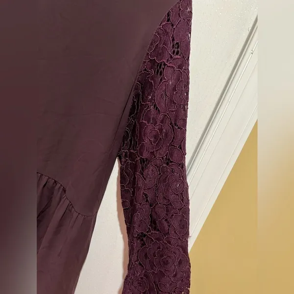Ann Taylor LOFT medium Burgundy Lace Long Sleeve Peplum Blouse Top - Image 2