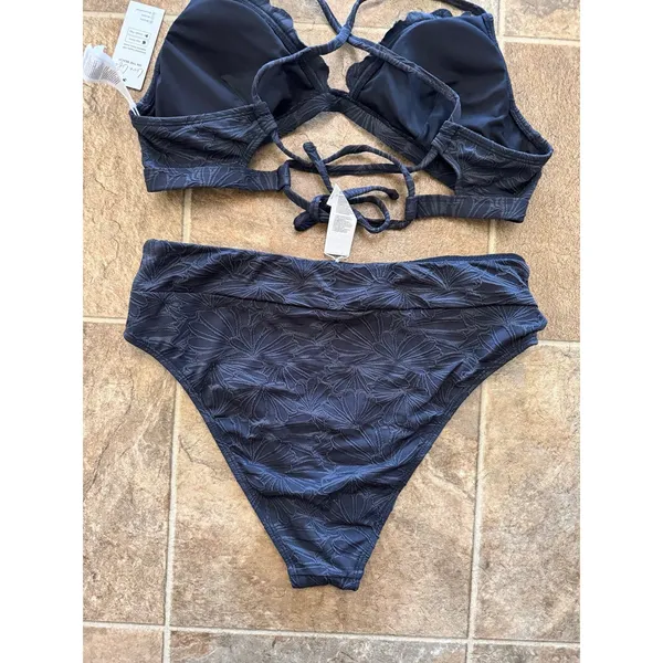 Cupshe Black Floral Jacquard Scalloped Bralette & High Waist Bikini Set Large - Image 8
