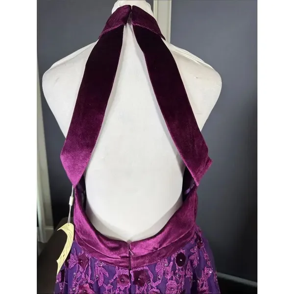 Women’s Velvet Halter Purple Party Dress Floral Tulle Skirt Size M NWT - Image 6