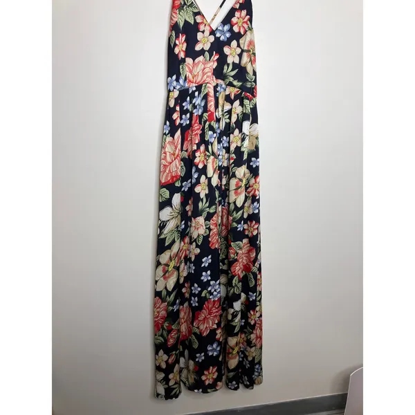 Lucy Paris Maxi Dress Womens S Navy Floral Excellent V-Neck Strappy Open Back - Image 2