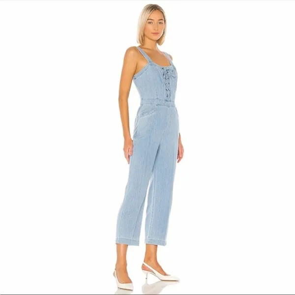 Paige x Revolve November Denim Jumpsuit Overalls Zeila‎ Crop Wide Leg Lace Up XL - Image 2