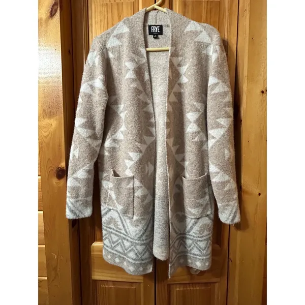 Frye Womens‎ M Aztec Print Open Front Cardigan Sweater Pockets Long Sleeve boho - Image 2