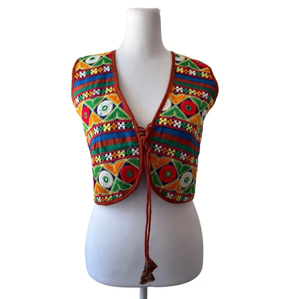 Retro Bohemian Multicolored Embroidered Tie Front V-Neck Cropped Vest - Image 2