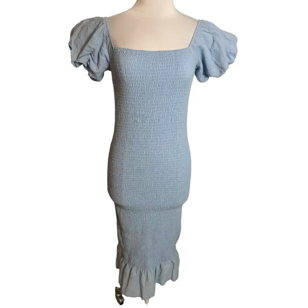 Baltic Born Alana Smocked Midi Dress Blue Off The Shoulder Puff‎ Sz S - Image 4
