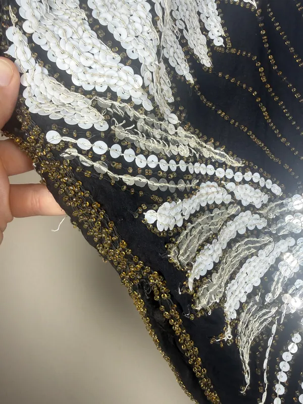Scala Vintage 80s Black + Silver Flower Blouse Top Glam Sequin Beaded Silk - Image 4