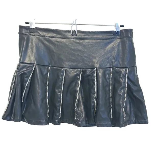 Hot & Delicious VTG Y2K Rhinestone Vegan Leather Micro Mini Skirt Pleated Large Black 90s Retro - Image 4