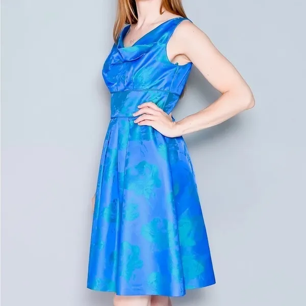 THEIA Floral Jacquard Sleeveless Pleated Dress‎ in Blue Green Size 8 - Image 14