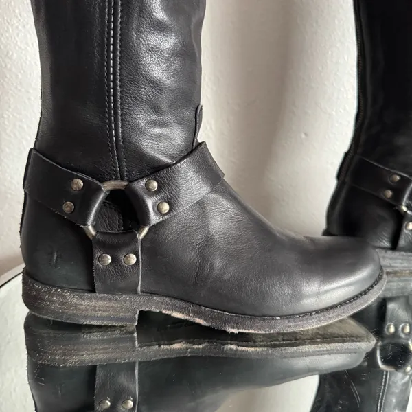 FRYE Black Leather Phillip Harness Tall Knee High Preppy Moto Riding Boots - Image 7