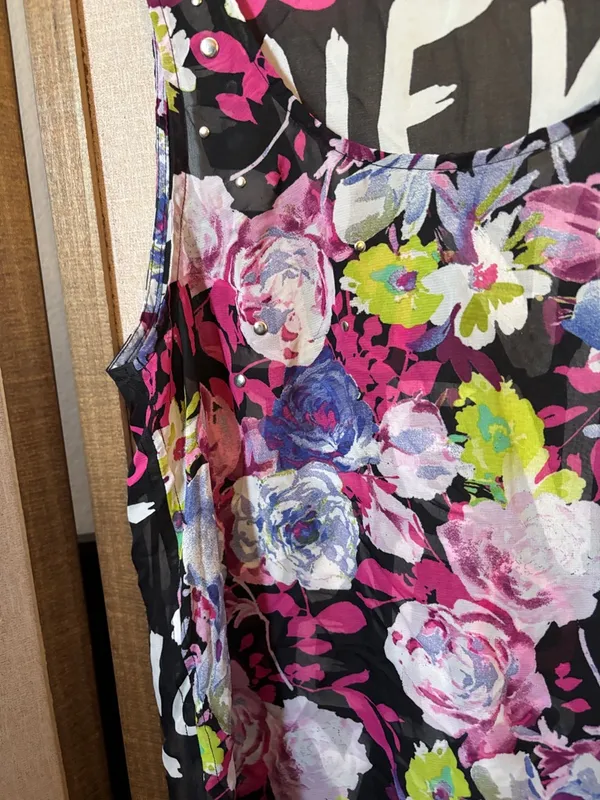 Material Girl Black Floral Sleeveless Tank Top - Pink, Purple & Green Sheer Lrg - Image 3