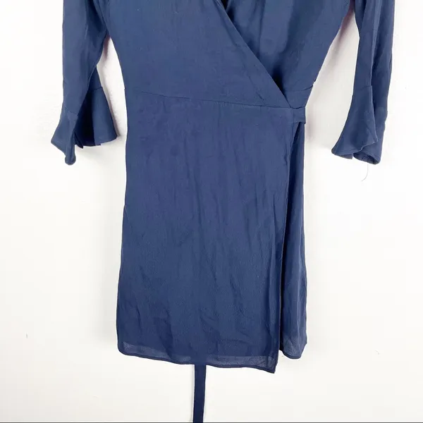 LULUS Navy Long Bell Sleeves True Wrap Lined Dress Size Small Casual Neutral - Image 6