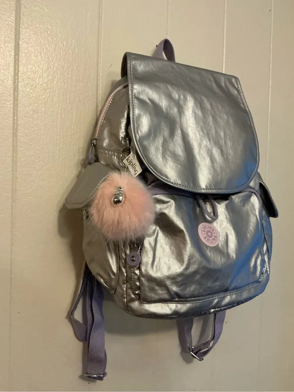 NWT Kipling city pack Metallic Backpack Purple Straps Monkey Zip Pockets Bag - Image 3