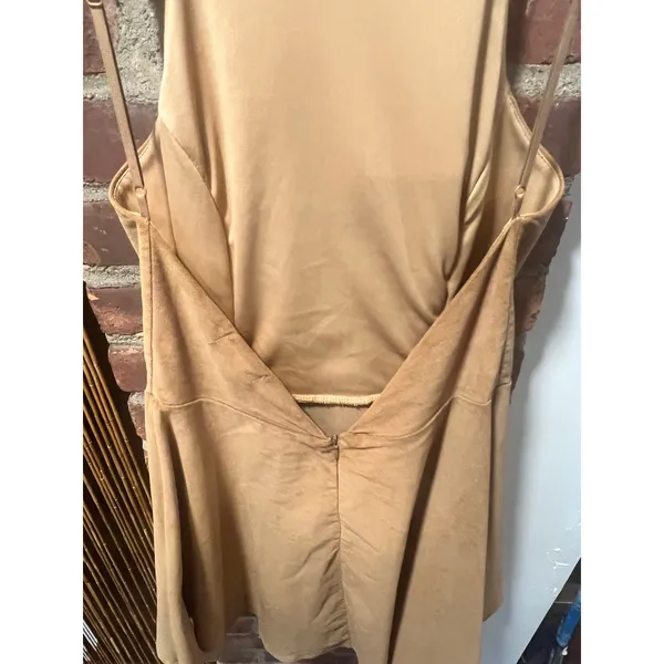 Blush Camel Stretch Corduroy Halter Skater Mini Dress Tan Ribbed Fit Flare L - Image 5