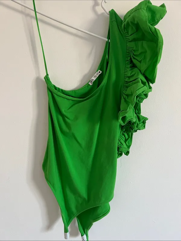 Zara Bright Green One-Shoulder Ruffle Bodysuit - Image 2
