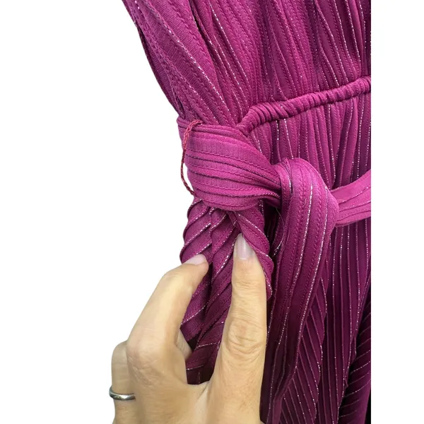 Vintage‎ Women's Plunging V Neck Wrap Midi Dress Metallic Belted Pleated Pink S - Image 6