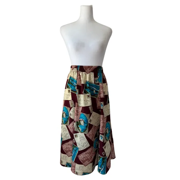 Vintage ‘90s Maggie Sweet Postcard Print Pleated Elastic Waist A-Line Midi Skirt - Image 3