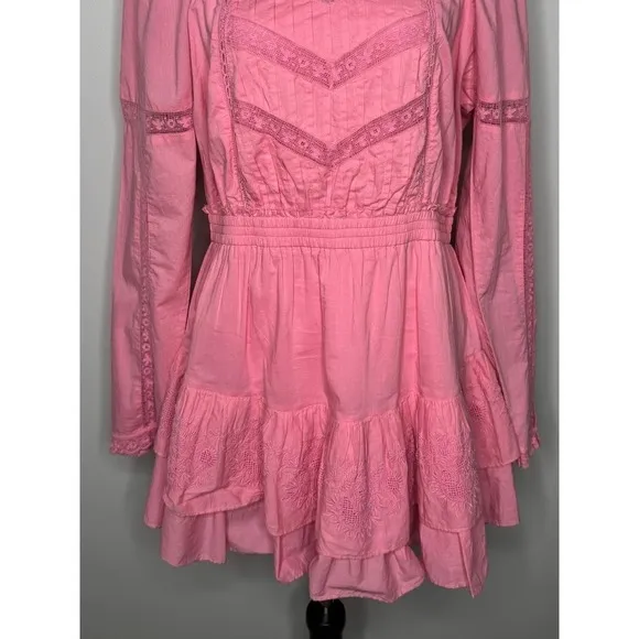 LoveShackFancy Sanaya Dress XL Vivid Pink‎ Long Sleeve Ruffle Tiered Lace Trim - Image 8