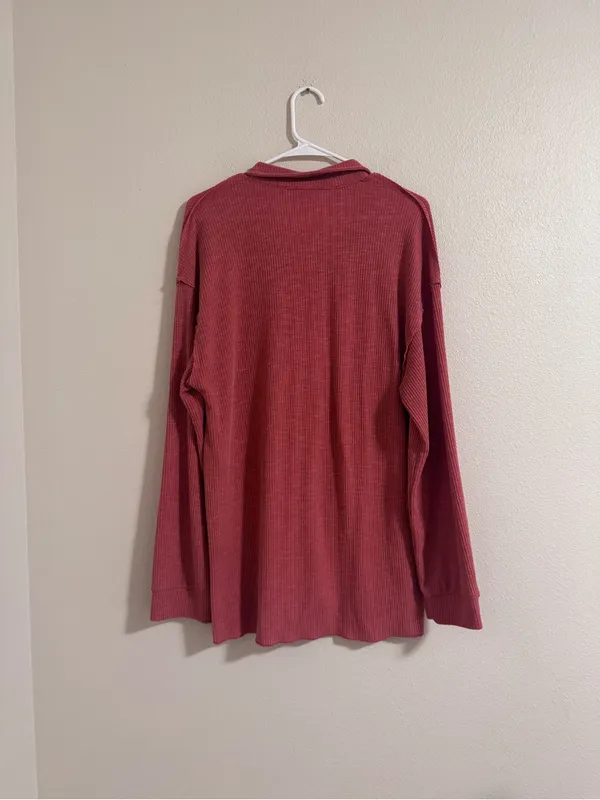 POL Long-Sleeve Ribbed Polo Top in Dusty Rose - Image 3