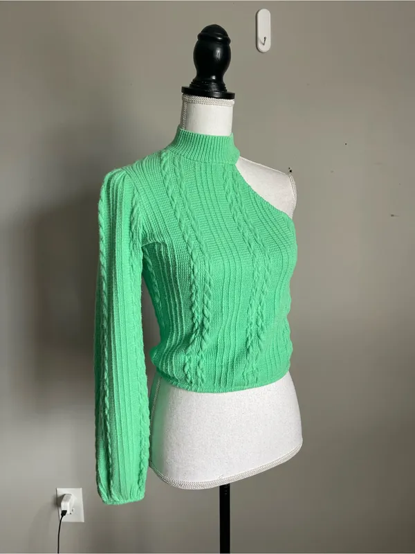 ZARA Mint Green One-Shoulder Cable-Knit Sweater Sz S - Image 4