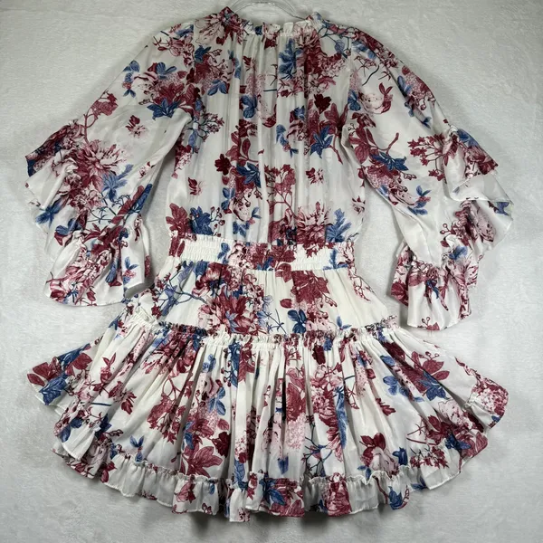 MISA Los Angeles Floral Ruffle Mini Dress White Burgundy Blue Smocked Waist S - Image 8