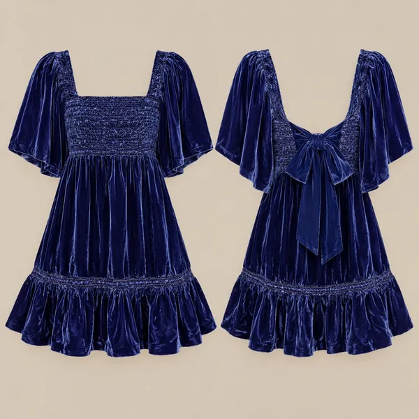 Free People Womens Dress XS Blue Velvet Smocked Tie Back Ruffle Mini Dress - Image 2