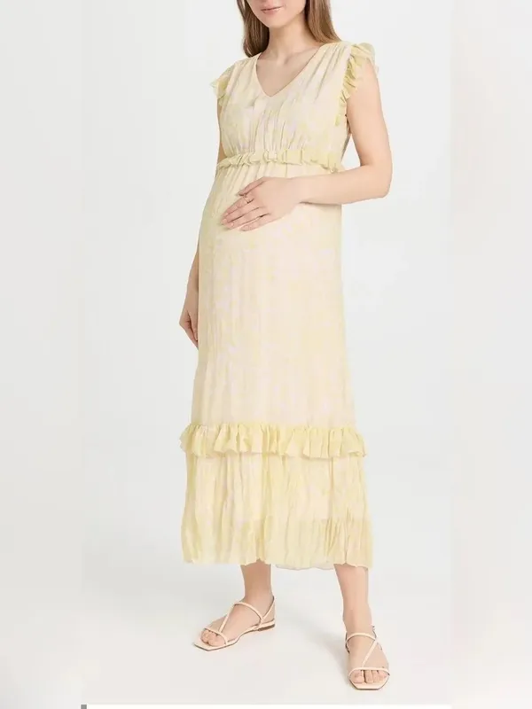 Hatch Maternity the Luna yellow lilac tiered hem ruffled trim midi dress women M - Image 2