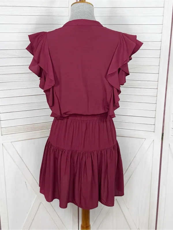 Pinch Isla Flutter Sleeve Tiered Mini Dress Burgundy Maroon Red Medium - Image 4