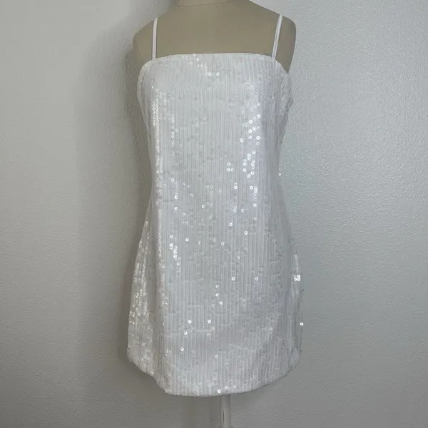 12th Tribe M Womens White Sequin Mini Dress Adjustable Straps Slip Lined Sexy EU - Image 3