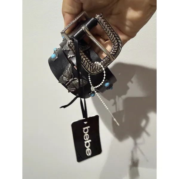 BEBE Black Faux Leather Western-Style Belt Y2K Butterfly Concho Sz Large - Image 4