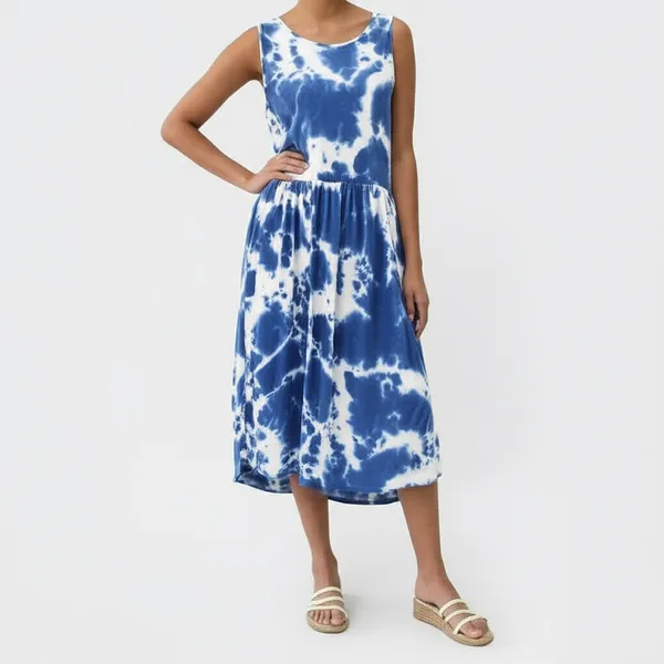 LONGYUAN Womens Sleeveless Dress Size XL Blue White Tie Dye‎ Flowy Gathered - Image 3