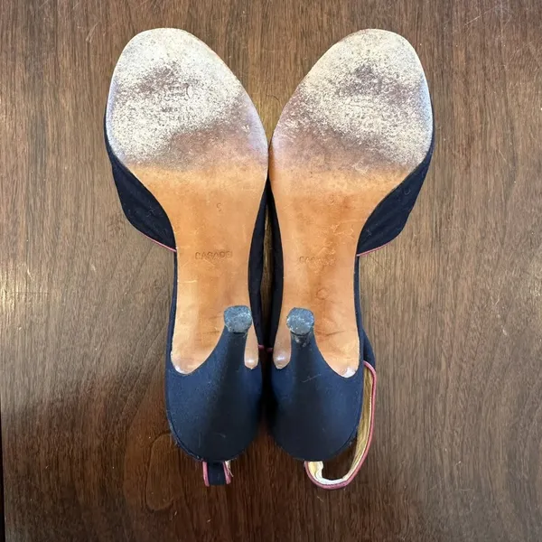 Casadei Vintage Navy Silk Slingback Heels Pink Leather Piping Women’s Size 9 - Image 5