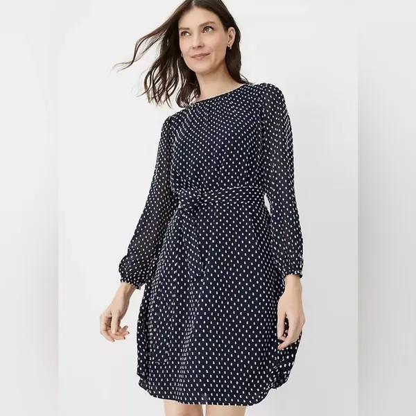 Ann Taylor‎ Clip Belted Mock Neck Shift Dress Night Sky Navy Blue Size 2 Petite - Image 2