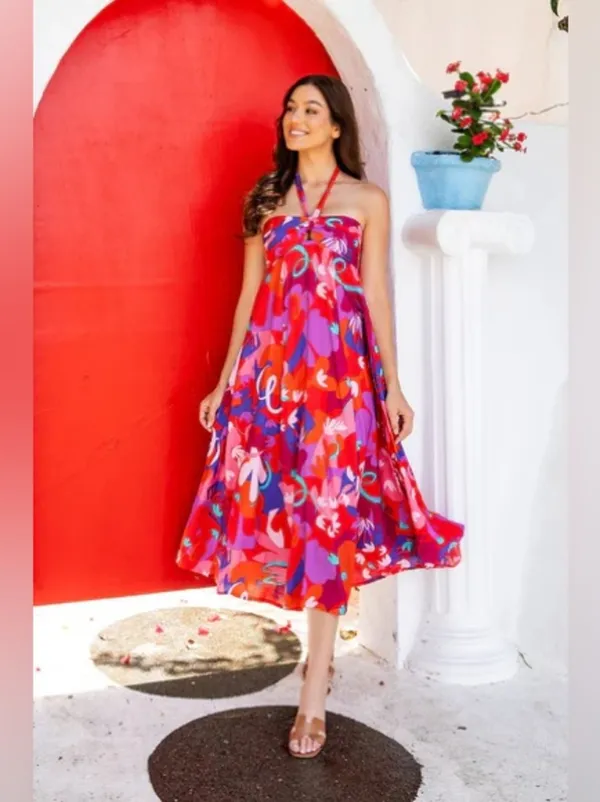 Petal and Pup Halter Maxi Dress colorful tropical Strawberry Abstract print midi vacation - Image 4