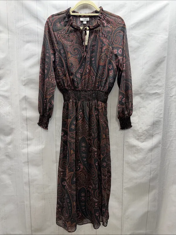 Allison Joy NWT Alexis Black Rust Pine Paisley Print Smocked Waist Midi Dress - Image 2