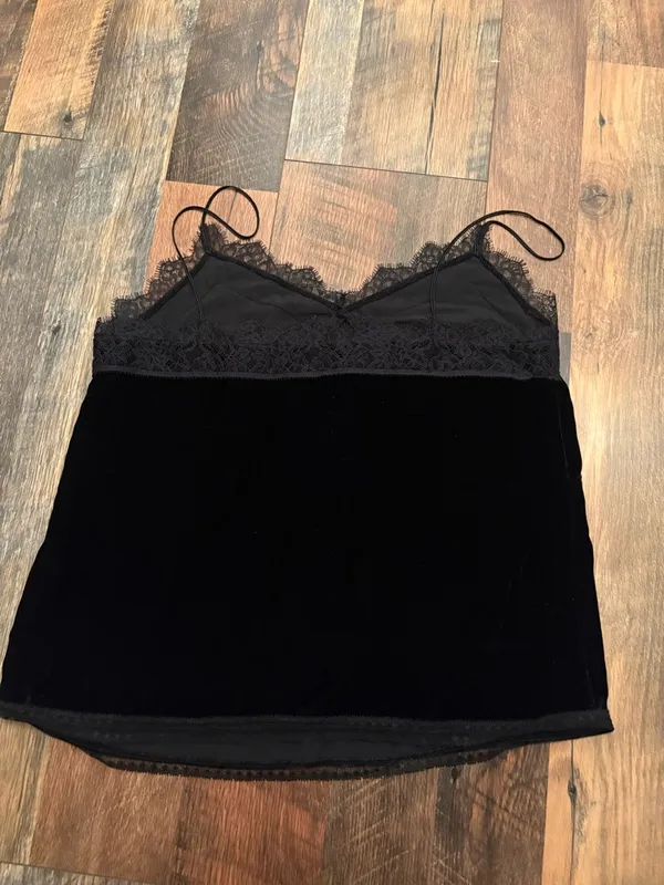 AllSaints Black Velvet Lace-Trim Spaghetti Strap Cami - Image 4