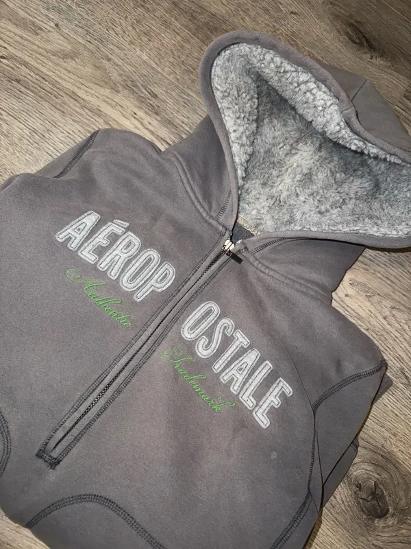 Y2K Vntge Aeropostale 87 Grey Half Zip Hoodie w/ Faux Fur Hood XL - Image 9