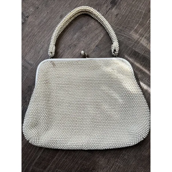 60s Beaded White Handbag Handle Evening Bag Purse USA Two Sided - Image 3